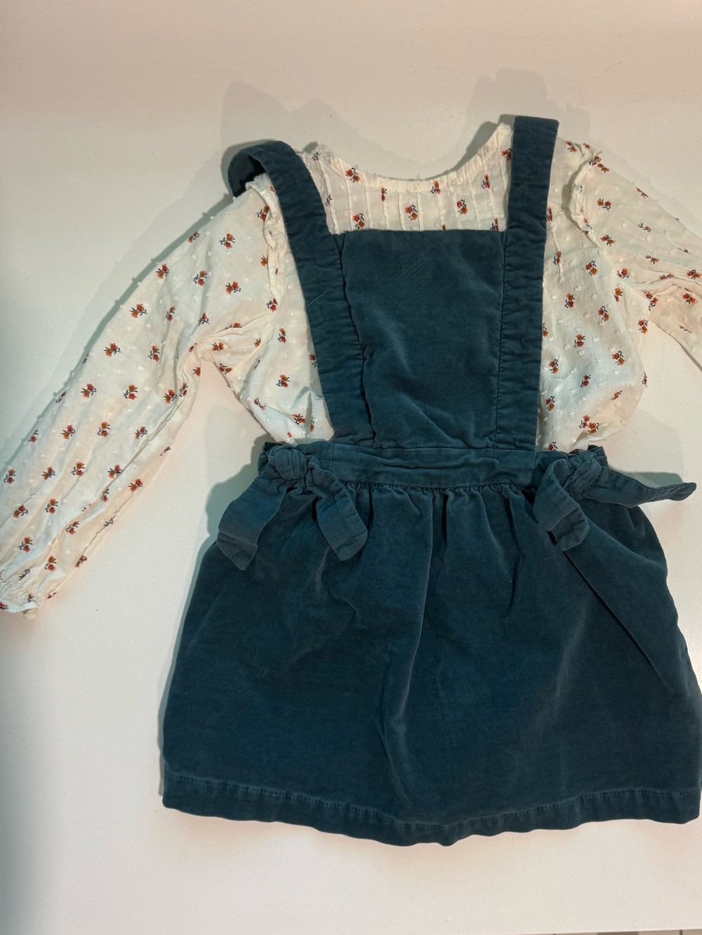 Zara Girls Teal Corduroy Pinafore Dress with Floral Blouse
